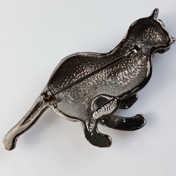 Black Rhinestone Brooch Figural Running Cat Silver Tone Sparkly Costume Jewelry - Picture 8 of 10